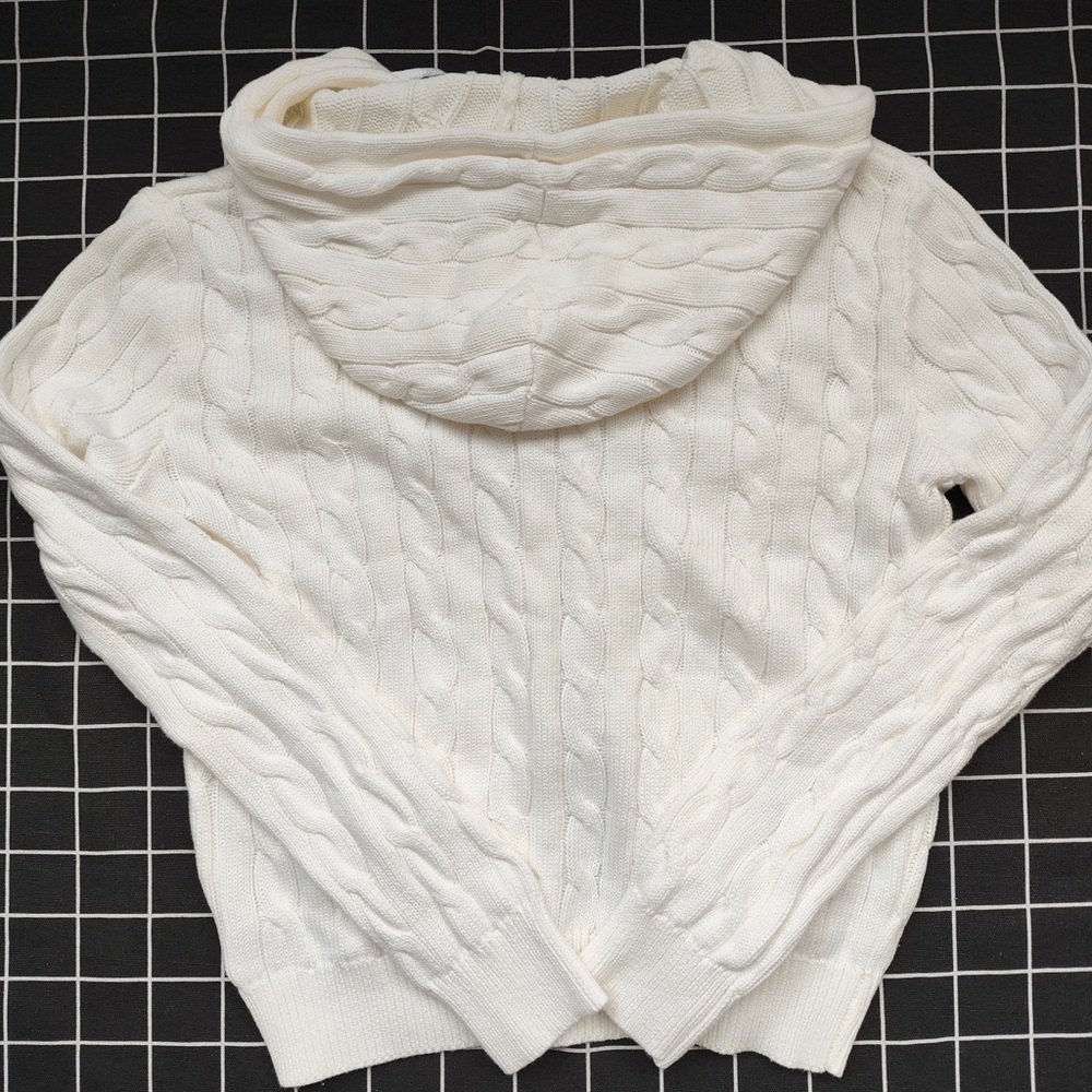 Ralph Lauren Cream Cable Knit Zip-Up Hoodie with Navy Pony Logo - Picture 7 of 7